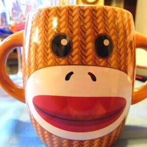 SOCK MONKEY DOUBLE HANDLE HOT CHOCOLATE MUG / COFFEE CUP